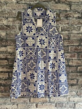 Sugarlips White Dress with Cobalt Blue Tile Motif, collar and deep front pockets
